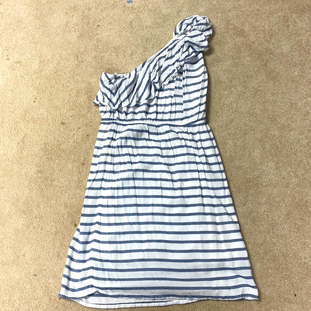 Old navy, white and blue stripe, one shoulder dress. Size Small.